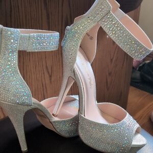 Dream Pairs Silver Rhinestone Peep-Toe Ankle Strap Heels